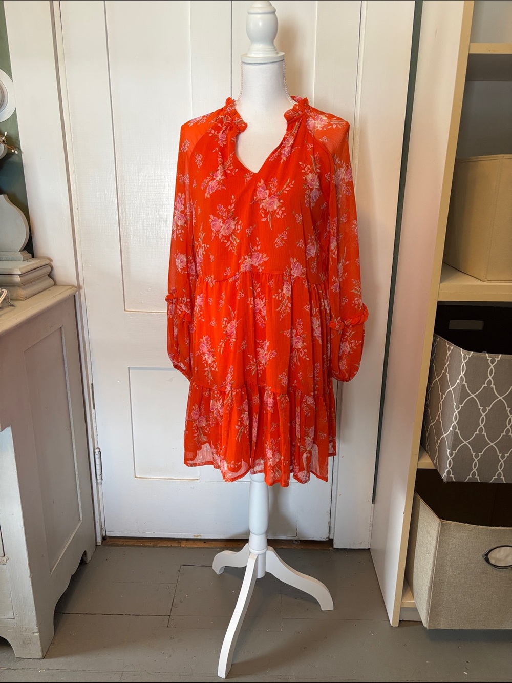 Vince Camuto Orange Floral Ruffle Mini Dress